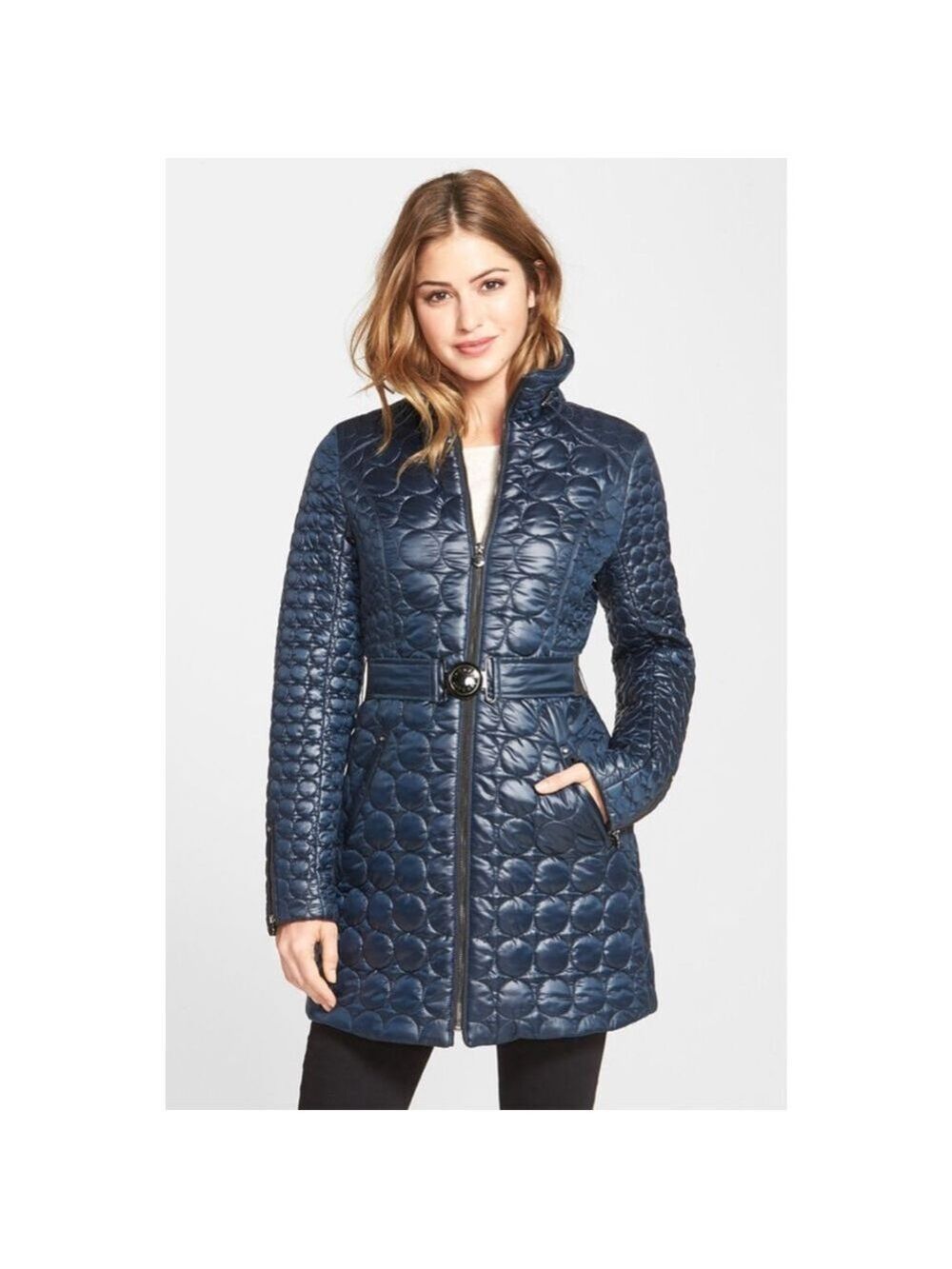 Laundry by Shelli Segal Navy Puffer Coat with Leopard Lining, Size L